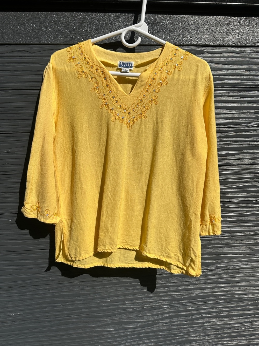 Vintage Uniti Casuals Linen Blend Embellished Yellow Tunic Top Medium